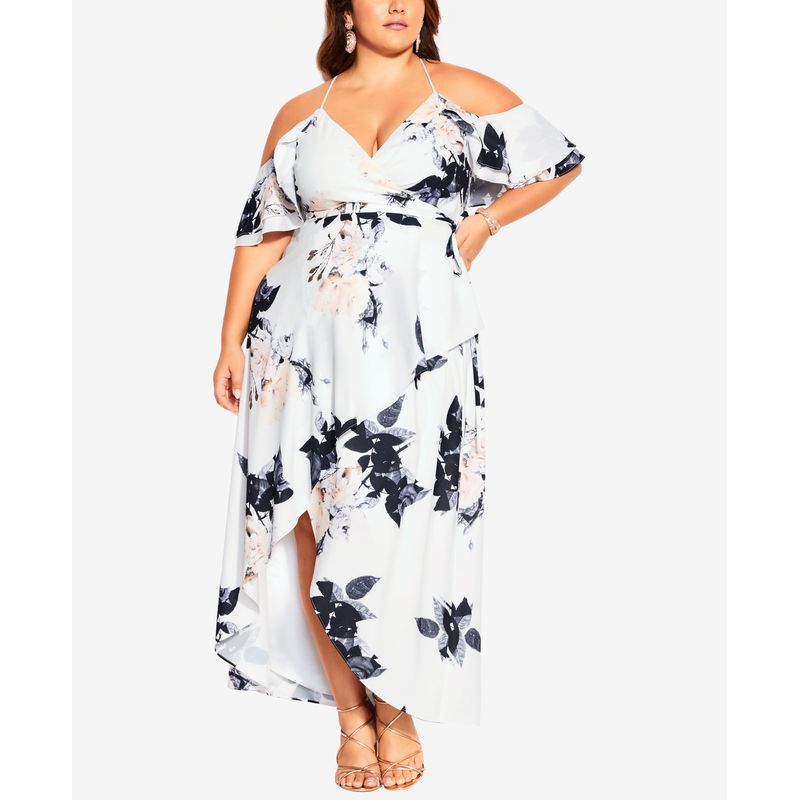 City Chic Delicate Floral Cold Shoulder Faux Wrap Dress